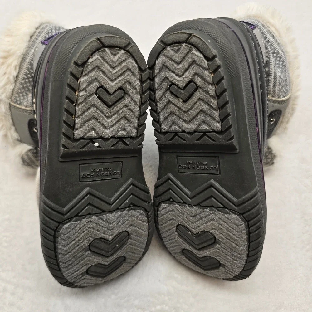 London Fog Kids Faux Fur Duck Boots Gray Black Winter Snow Shoes Size 11